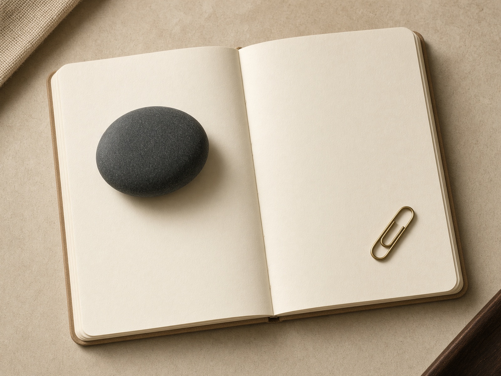 A single river stone on an open notebook