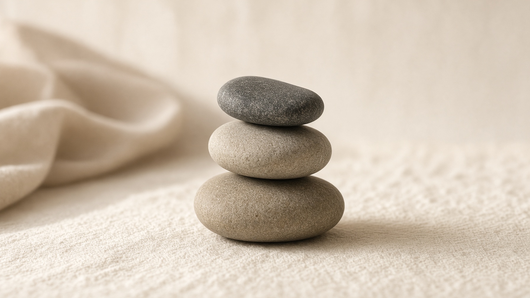 Three smooth river stones stacked on warm paper