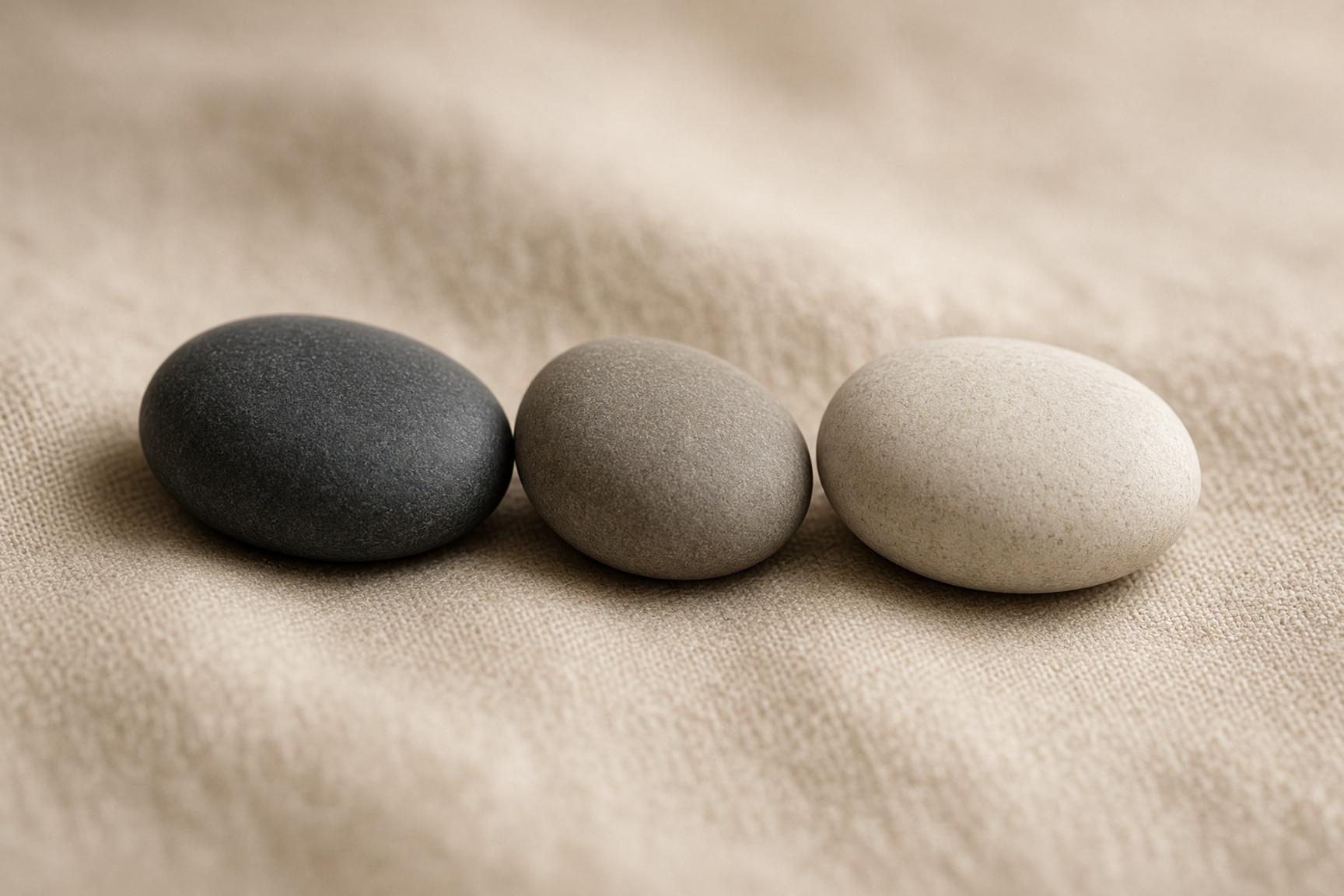 Three river stones in a quiet row